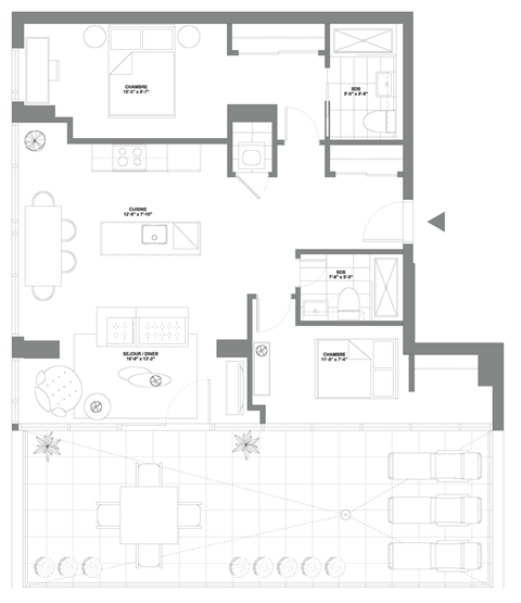 Floor plan for 2 beds, 2 baths, 970 sqft